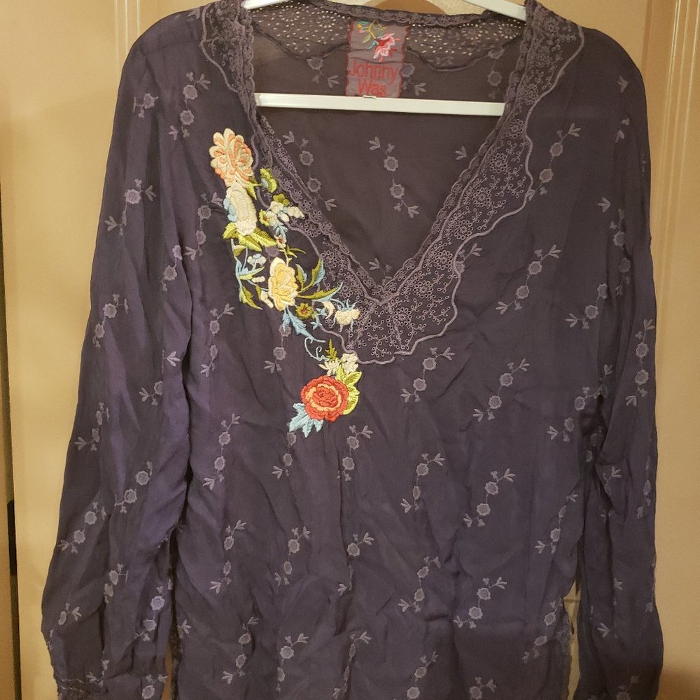 Johnny Was Purple Embroidered Tunic/Peasant Blouse